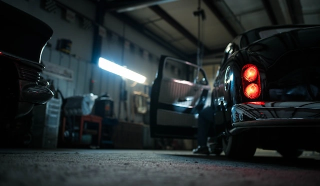 Garaje con un coche clásico negro a la izquierda y un coche clásico con la puerta abierta a la derecha, mostrando el interior.