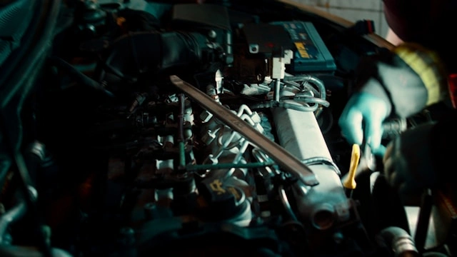 Primer plano de un motor de coche con una mano enguantada usando una llave, batería visible al fondo.
